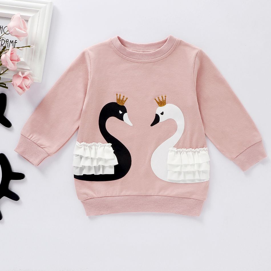 2pcs Swan and Stripe Print Long-sleeve Baby Set Pink big image 4