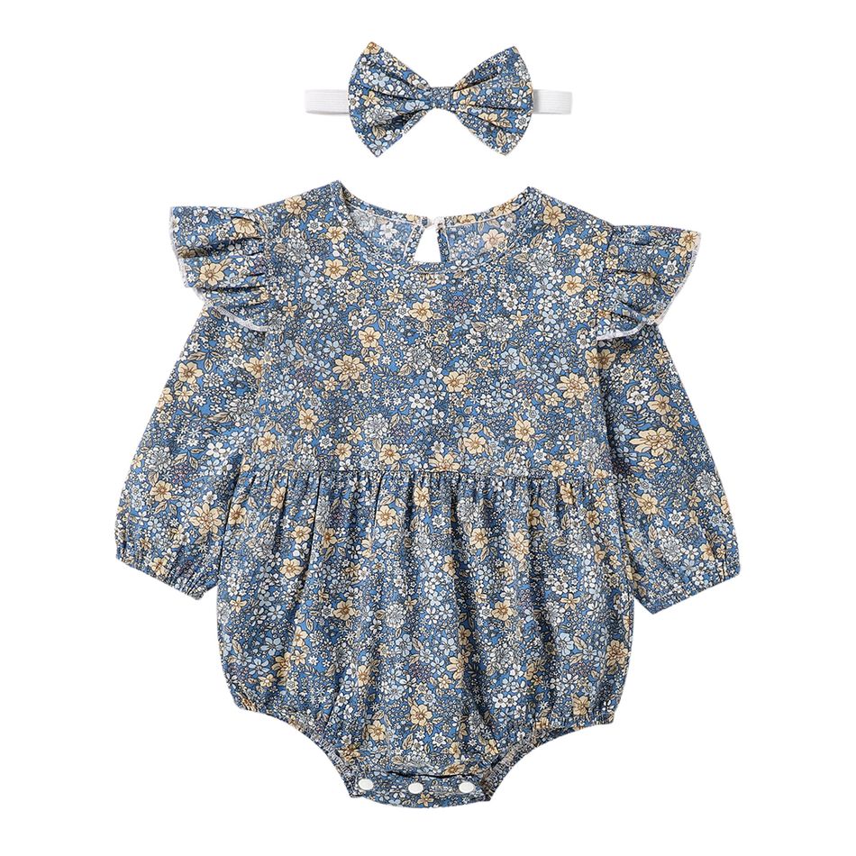 2pcs Floral Print Long-sleeve Baby Romper Set Blue