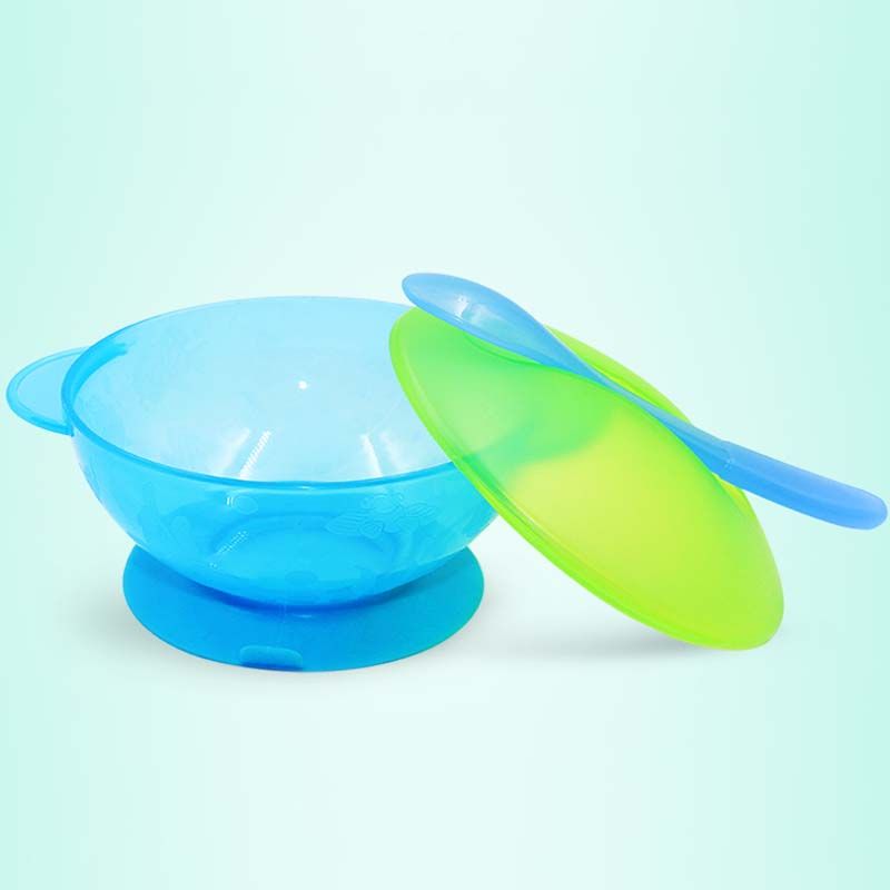 all-in-one crianças tigela ventosa anti-queda pratos tigela bebê silicone jantar placa tigela talheres colher alimentos louça Azul Claro big image 3