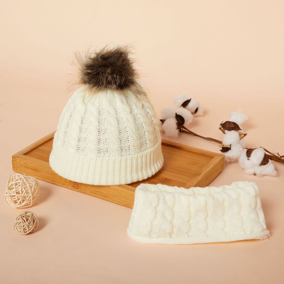 2-piece Baby Pompon Solid Beanie Hat and Scarf Set White