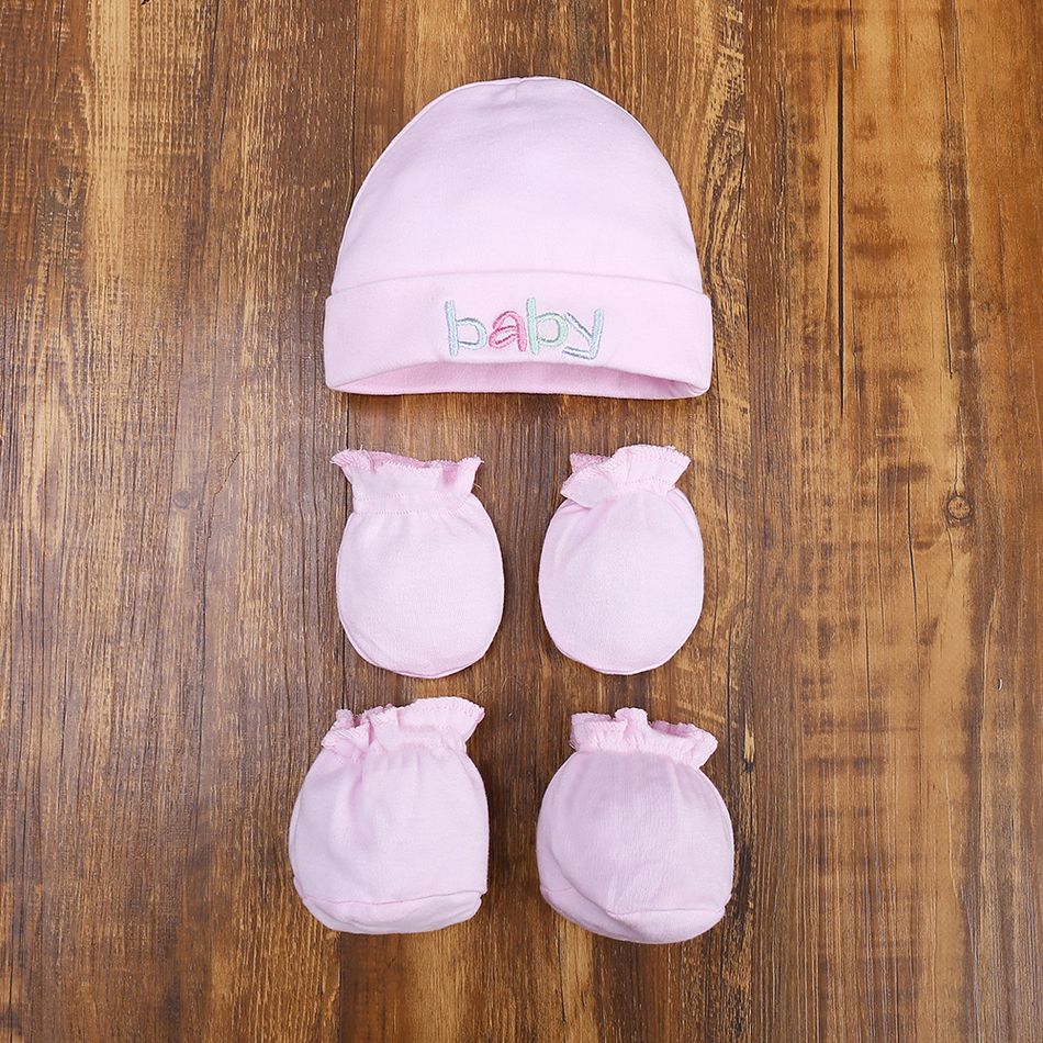 3-piece Solid Cotton Hat with Bow decor socks and Anti-scratch Gloves Pink