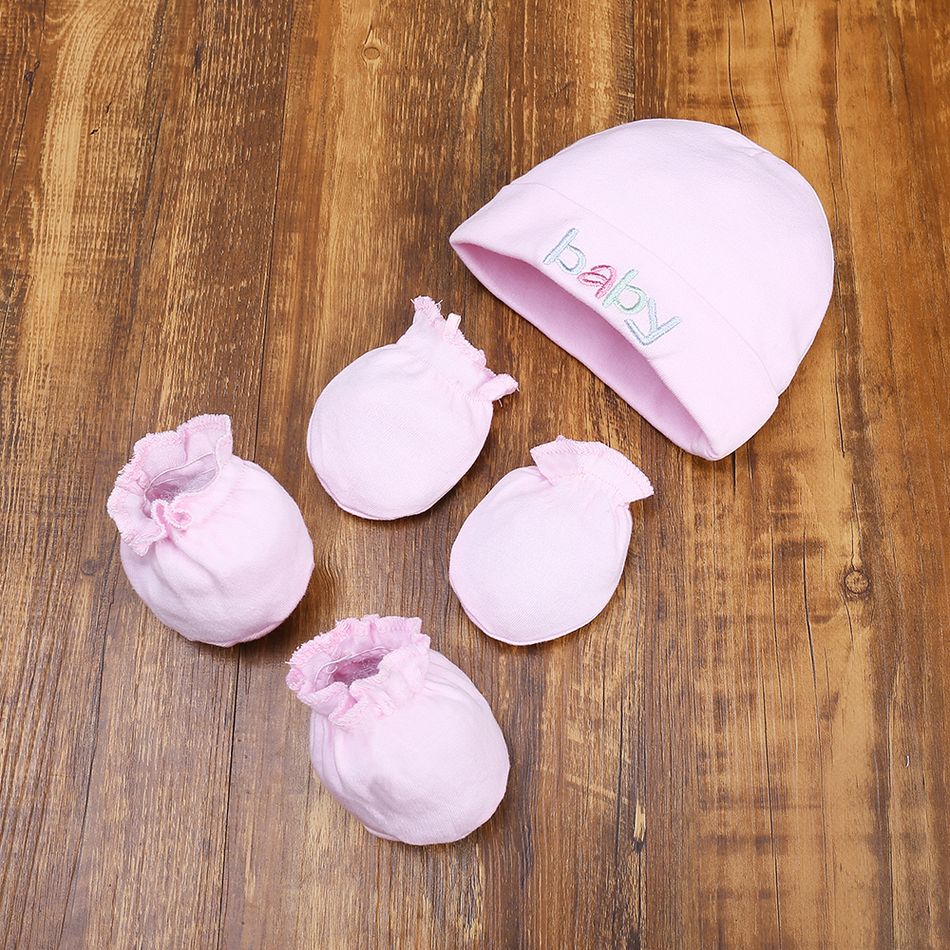 3-piece Solid Cotton Hat with Bow decor socks and Anti-scratch Gloves Pink big image 2