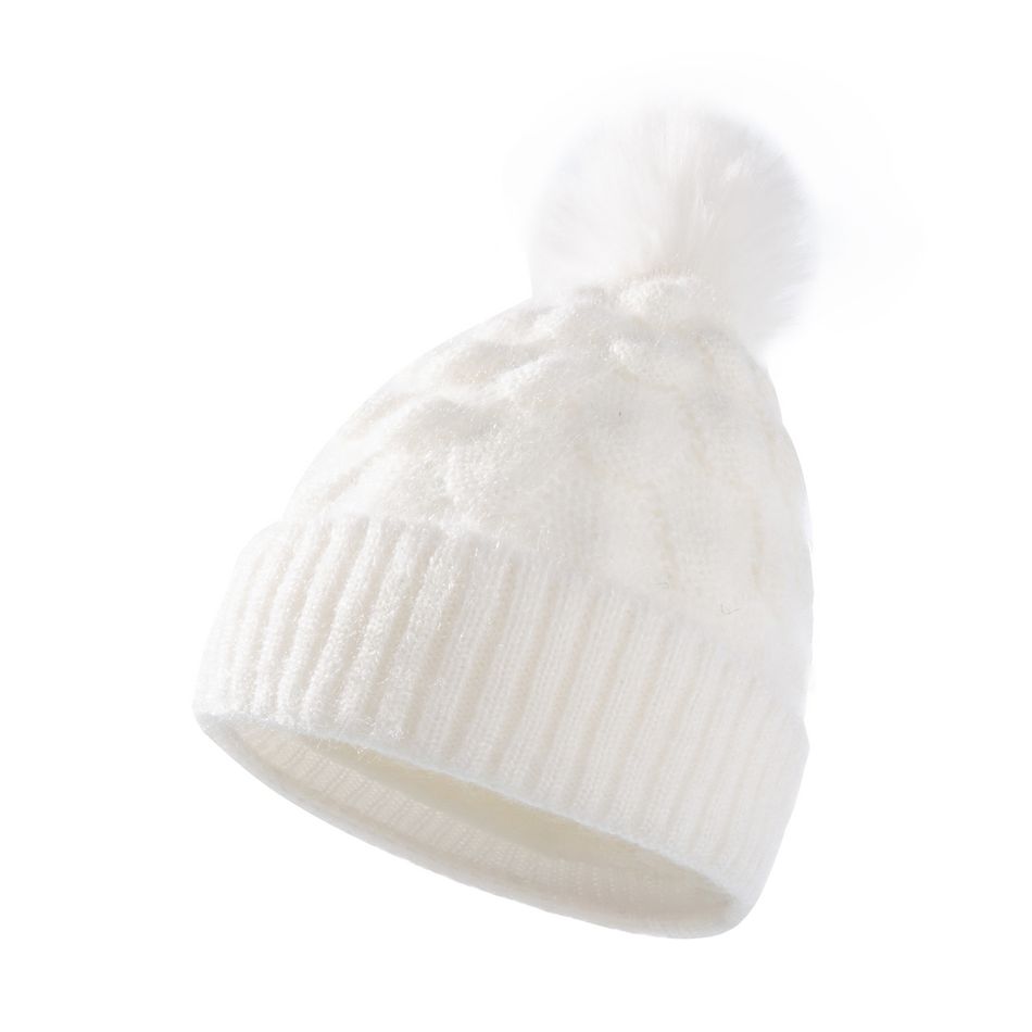 Women Solid Color Fluffy Pompoms Decor Fish Scales Knit Beanie Hat White