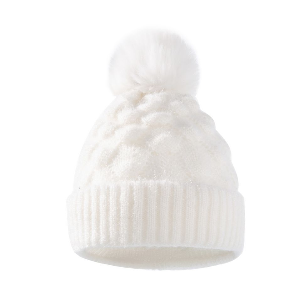 Women Solid Color Fluffy Pompoms Decor Fish Scales Knit Beanie Hat White big image 2