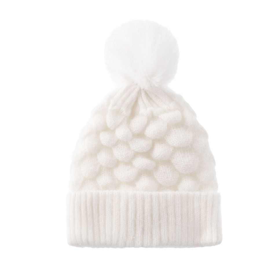 Women Solid Color Fluffy Pompoms Decor Fish Scales Knit Beanie Hat White big image 3