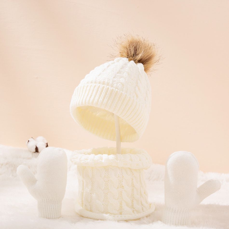 Conjunto para bebê/criança pequena (pacote com 4) com luvas, cachecol e gorro de tricô se, estampa e com pompom decorativo Branco big image 2