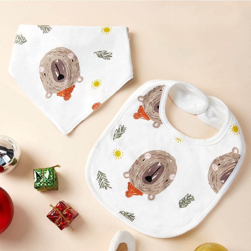 2-pack 100% Cotton Cartoon Print Baby Toddler Bib Drool Bibs Teething Bib White