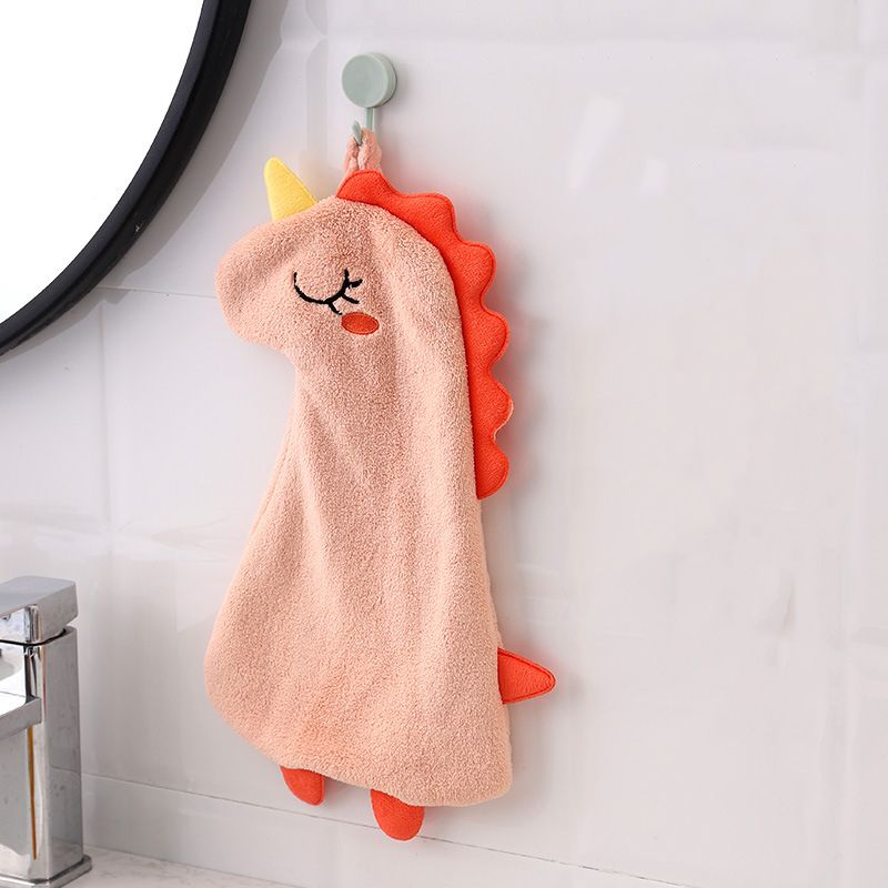 Kids Hanging Bathroom Towels Cartoon Animal Shape Coral Fleece Absorbent Hand Towels for Kitchen Bathroom Color-A