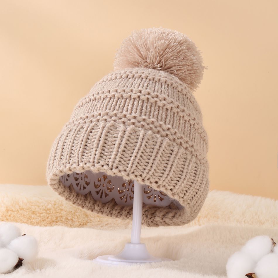 Baby / Toddler Pom Pom Decor Solid Knitted Beanie Hat Khaki big image 2