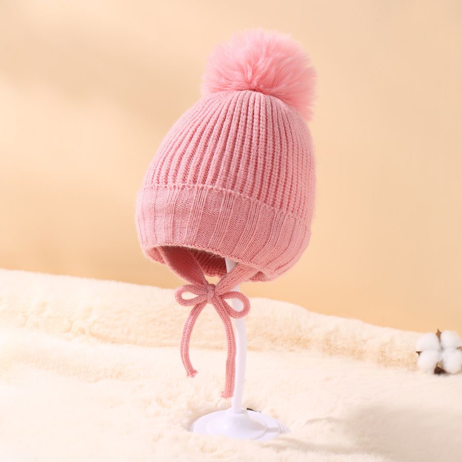 Baby / Toddler Ribbed Knit Lace Up Beanie Ear Protection Hat Pink big image 2