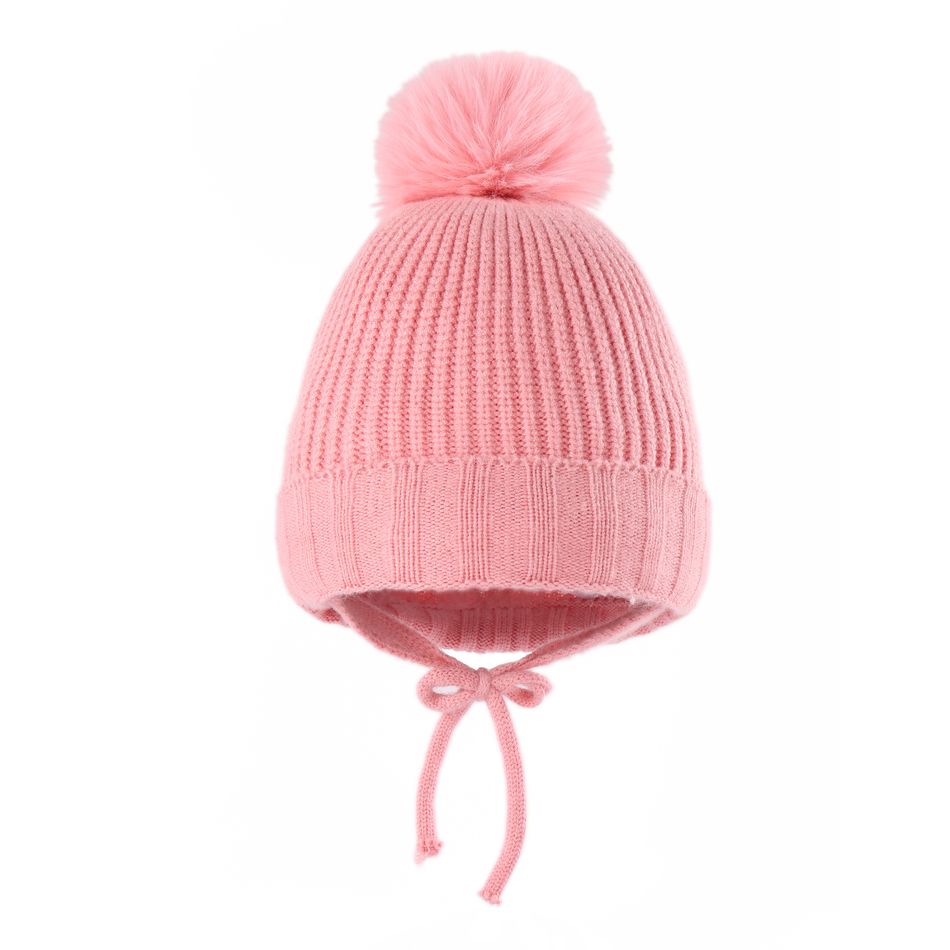 Baby / Toddler Ribbed Knit Lace Up Beanie Ear Protection Hat Pink big image 3