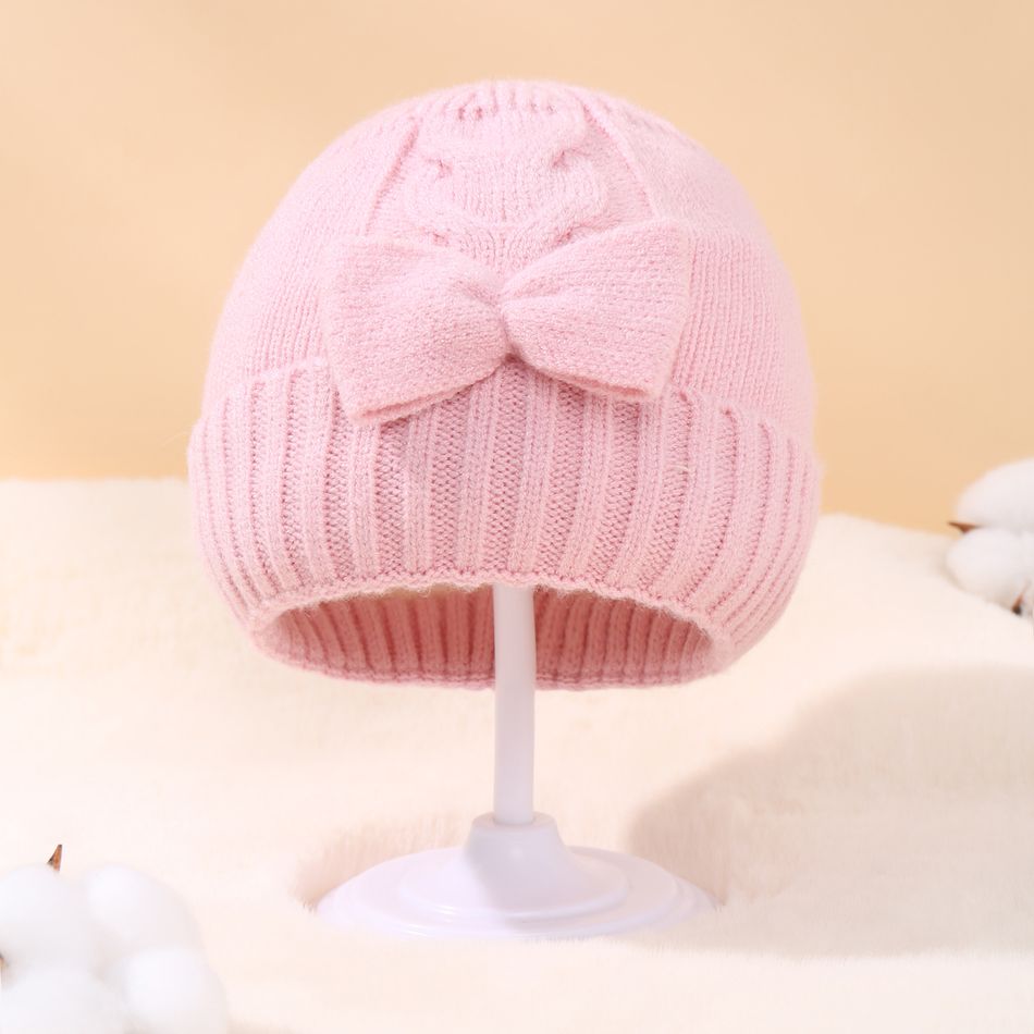 Baby Bow Decor Solid Knitted Beanie Hat Pink big image 2