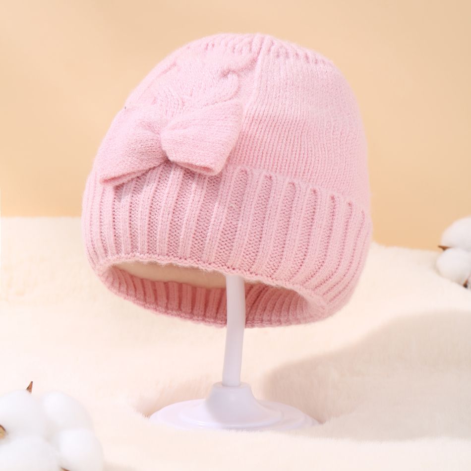 Baby Bow Decor Solid Knitted Beanie Hat Pink big image 1