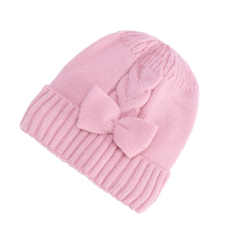 Baby Bow Decor Solid Knitted Beanie Hat Pink