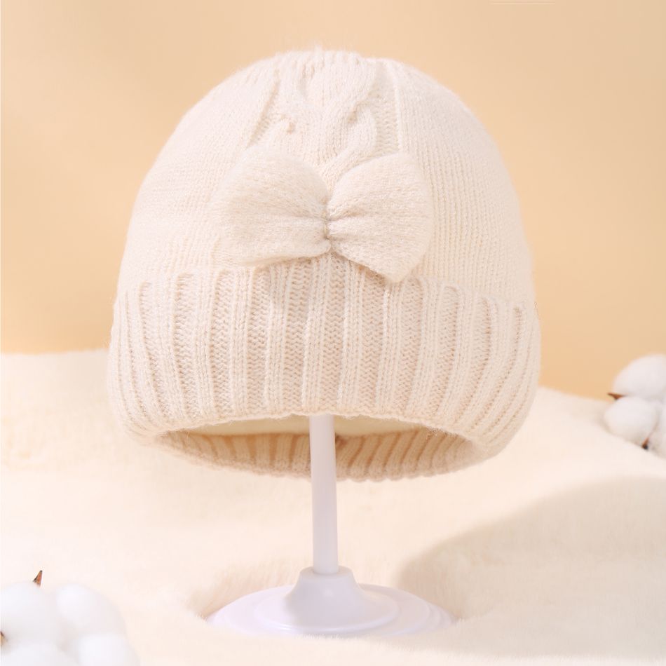 Baby Bow Decor Solid Knitted Beanie Hat Khaki big image 2