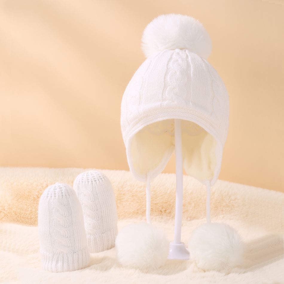 2-pack Baby / Toddler Pom Pom Decor Knitted Hat & Gloves Set White