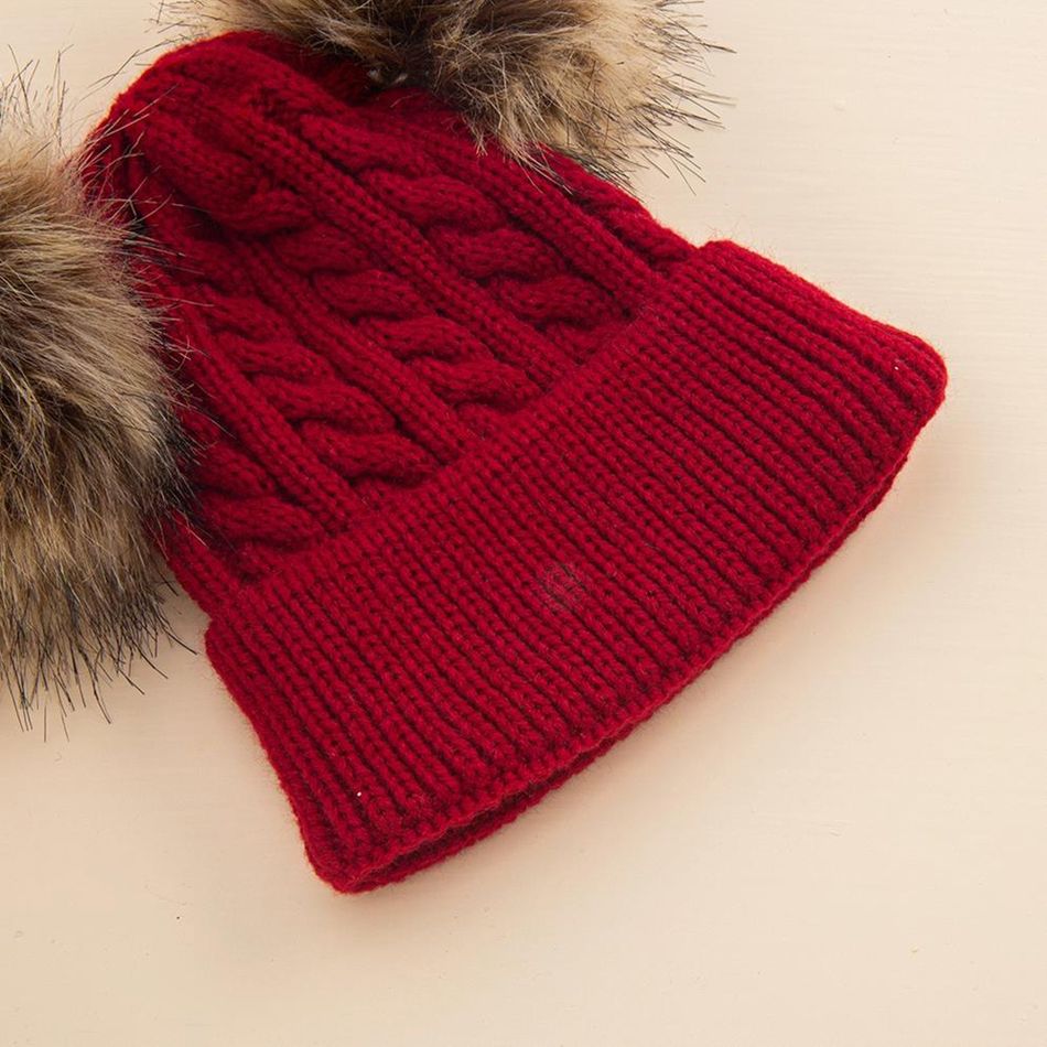 Big Pompon Decor Cable Knit Beanie Hat for Mom and Me Red big image 4