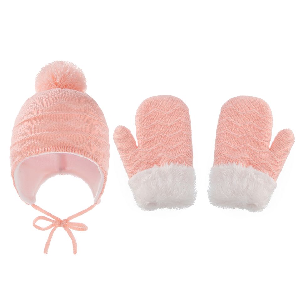 2-pack Baby / Toddler Lace Up Ear Protection Hat & Mittens Gloves Set Pink big image 3