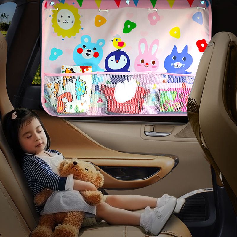 Cartoon Car Curtain Sunshade Cover Suction Cups Universal Side Window with Mesh Storage Bag Pink big image 2