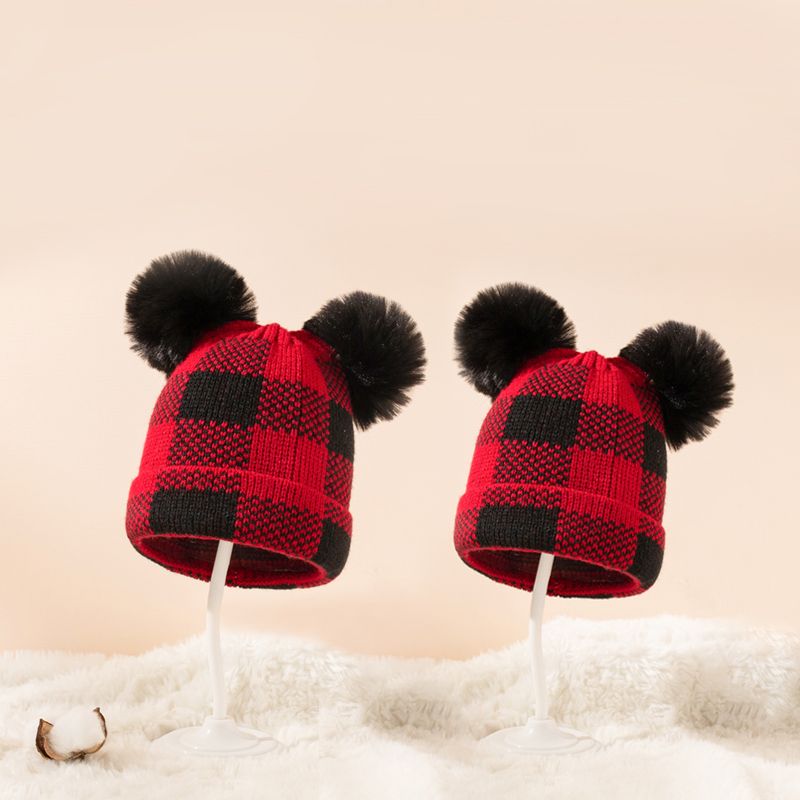 Dual Fur Ball Decor Plaid Houndstooth Knitted Beanie Hat for Mom and Me Red