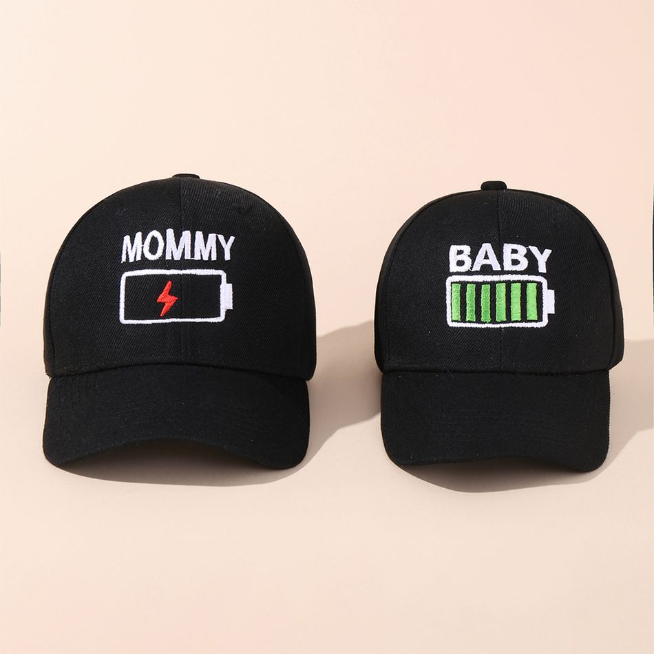 Letter & Battery Embroidered Black Baseball Cap for Mom and Me Black