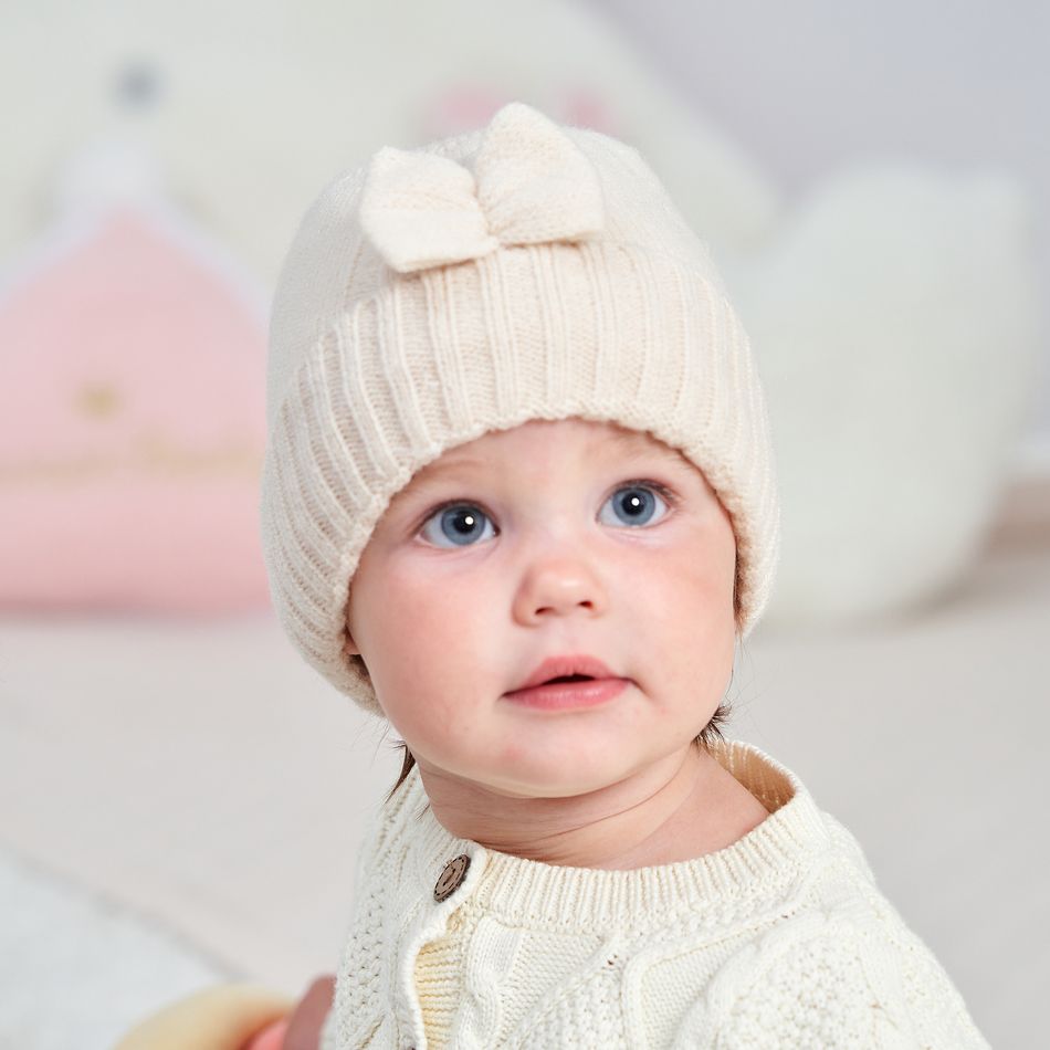 Baby Bow Decor Solid Knitted Beanie Hat Khaki big image 3