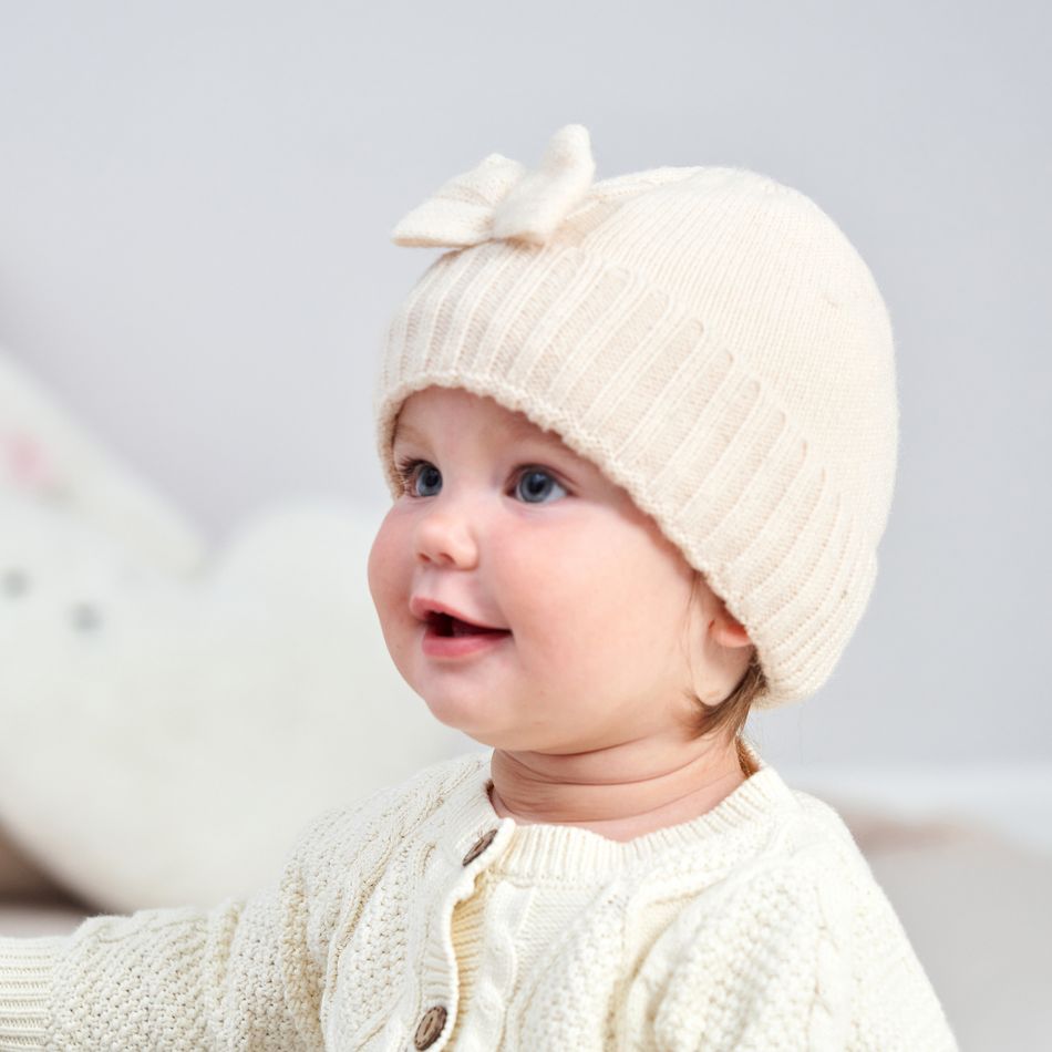 Baby Bow Decor Solid Knitted Beanie Hat Khaki