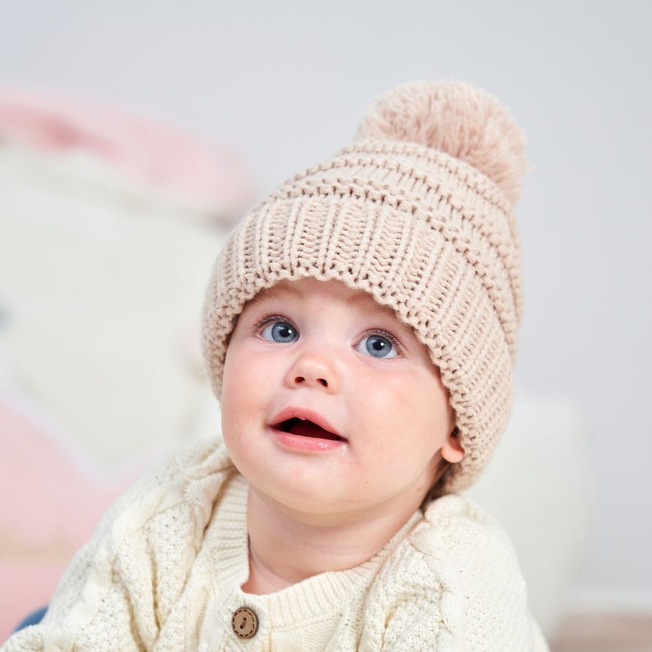 Baby / Toddler Pom Pom Decor Solid Knitted Beanie Hat Khaki big image 4