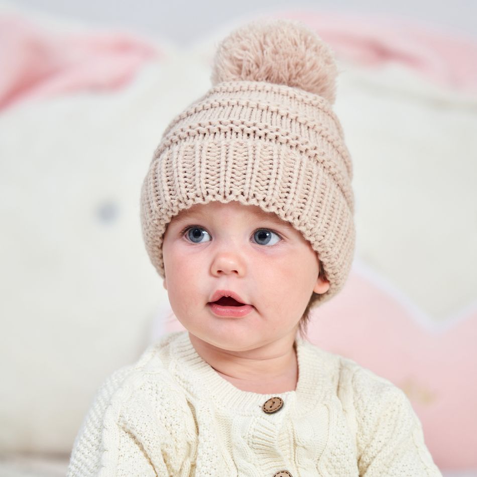 Baby / Toddler Pom Pom Decor Solid Knitted Beanie Hat Khaki big image 3