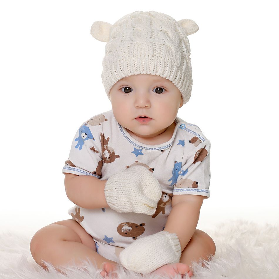 2-حزمة طفل لطيف آذان مزدوجة محبوك قبعة صغيرة ومجموعة قفازات القفازات أبيض big image 2