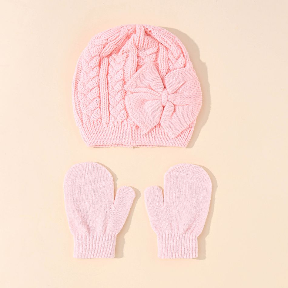 2-pack Baby / Toddler Solid Bow Decor Beanie & Mittens Gloves Set Pink big image 3