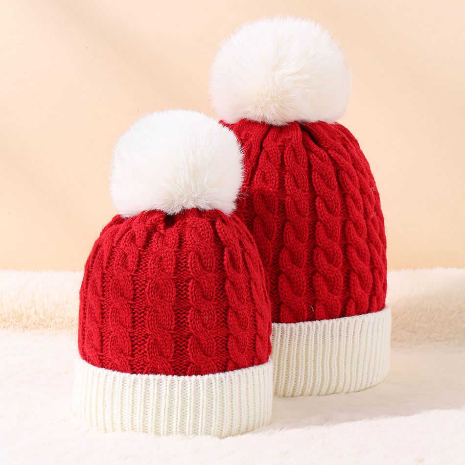 Christmas Pom Pom Decor Cable Knit Beanie Hat for Mom and Me Red/White big image 2