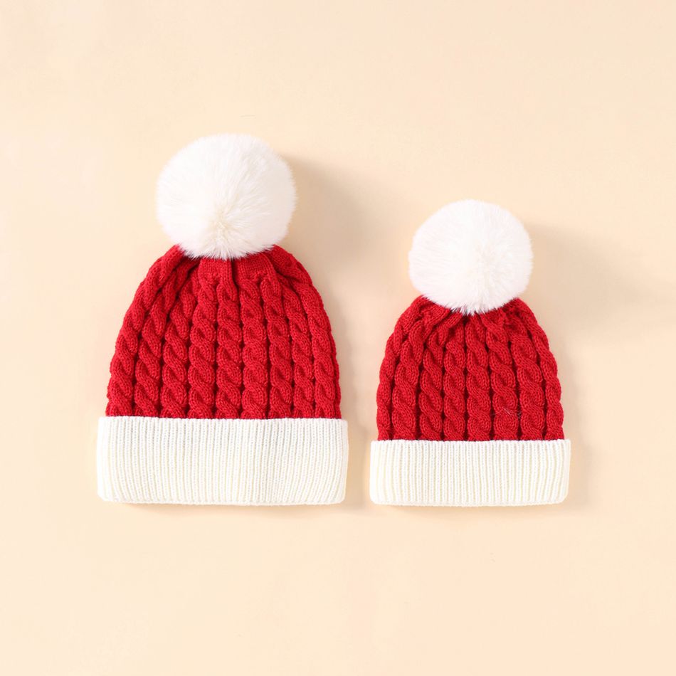 Christmas Pom Pom Decor Cable Knit Beanie Hat for Mom and Me Red/White big image 3