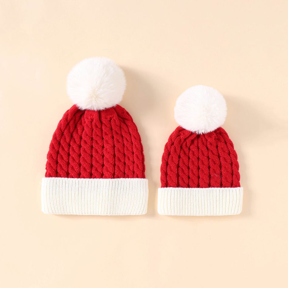 Christmas Pom Pom Decor Cable Knit Beanie Hat for Mom and Me Red/White