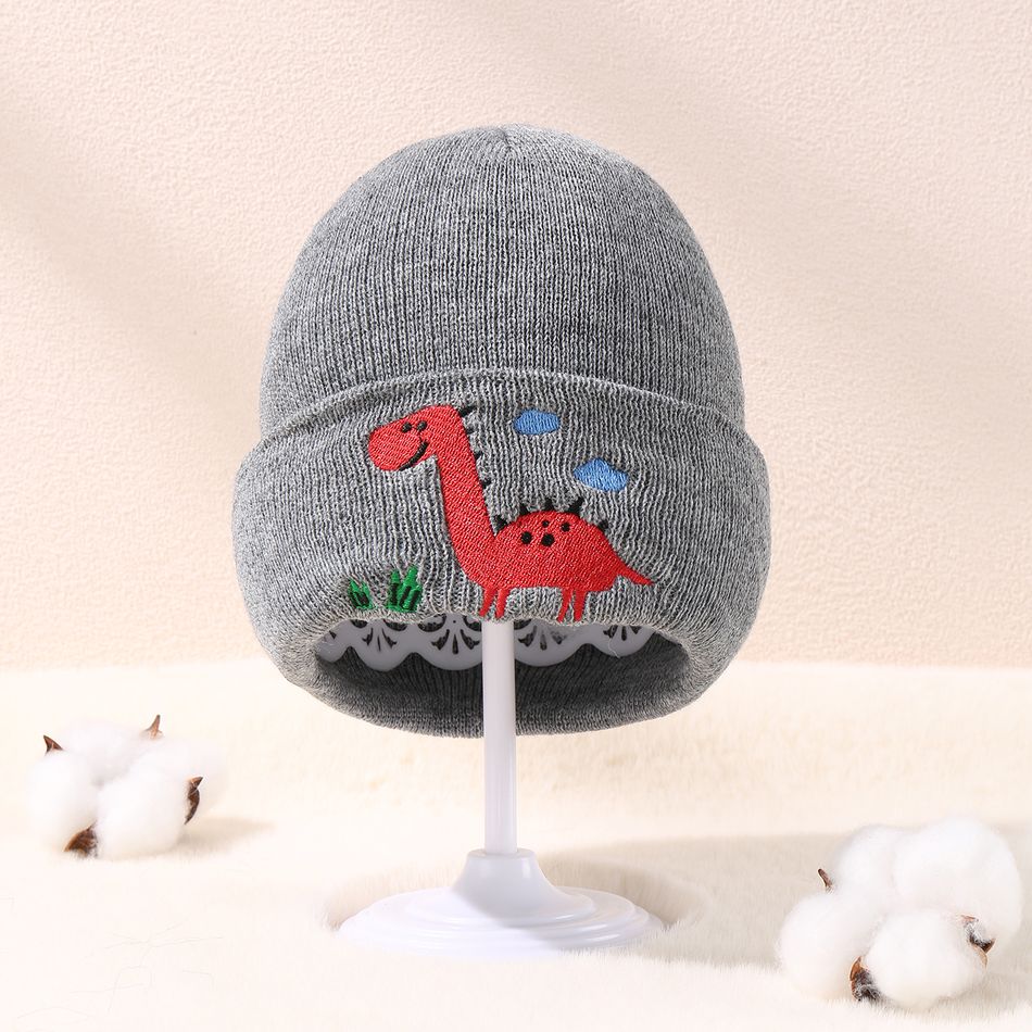 Baby Cartoon Dinosaur Embroidered Beanie Hat Grey