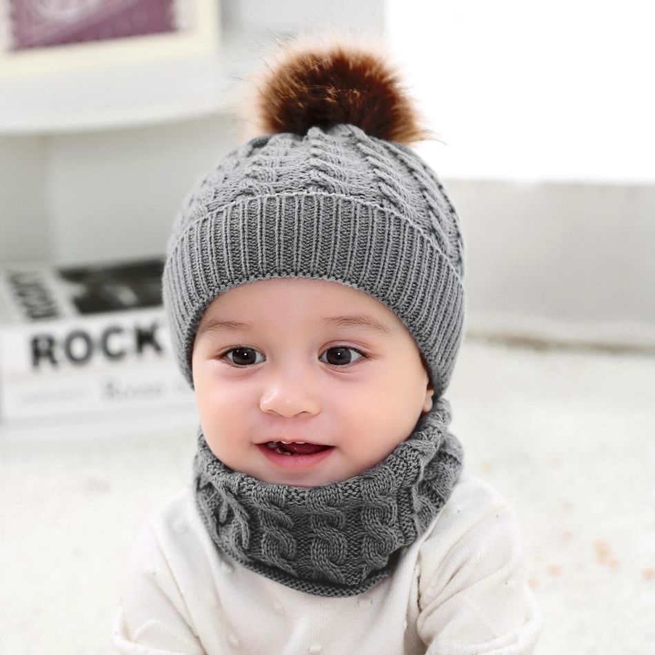 2-pack Baby Pom Pom Decor Beanie Hat & Infinity Scarf Set Grey big image 6