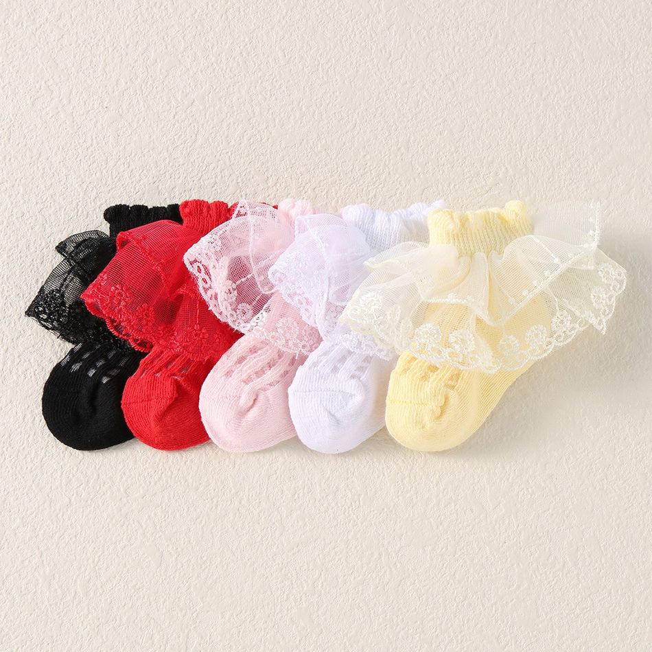 5 Pairs Baby Double Lace Trim Socks Multi-color big image 2