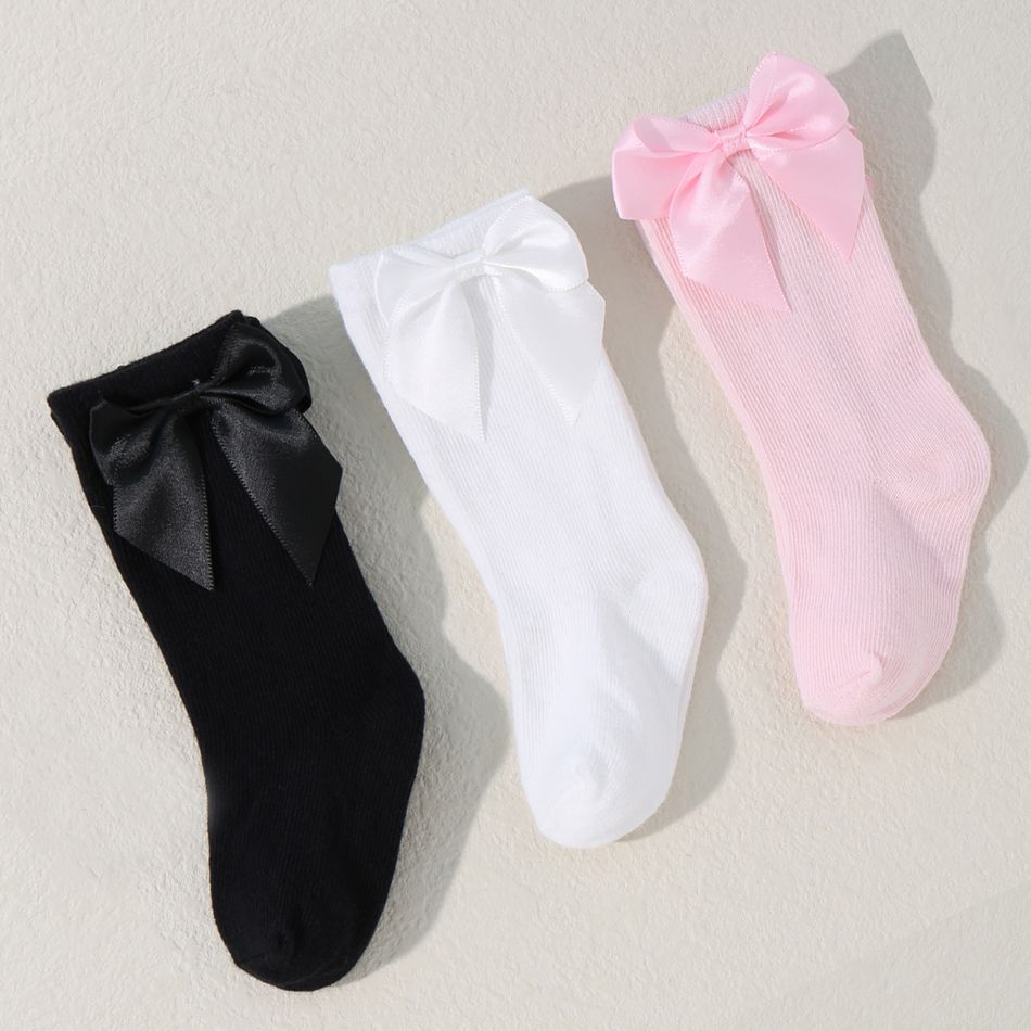 3 Pairs Baby Bow Decor Solid Crew Socks Multi-color big image 2