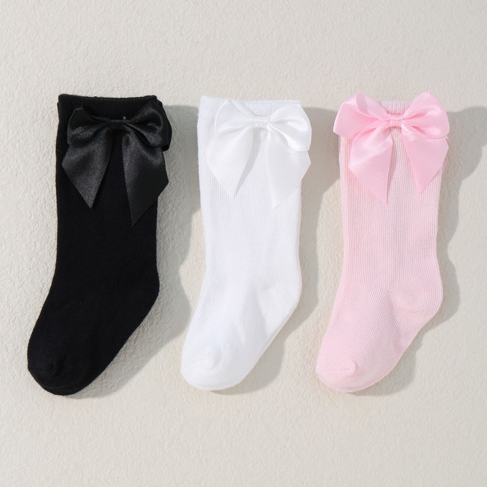 3 Pairs Baby Bow Decor Solid Crew Socks Multi-color big image 1