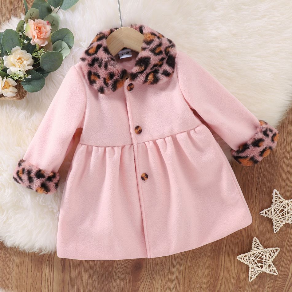 Baby Solid Pink Wool Blend Coat with Leopard Faux Fur Collar Light Pink