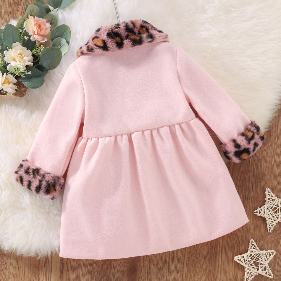 Baby Solid Pink Wool Blend Coat with Leopard Faux Fur Collar Light Pink big image 2