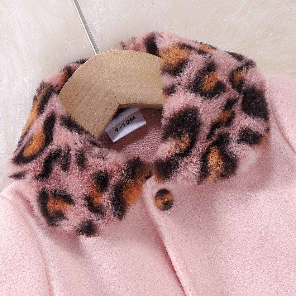 Baby Solid Pink Wool Blend Coat with Leopard Faux Fur Collar Light Pink big image 3