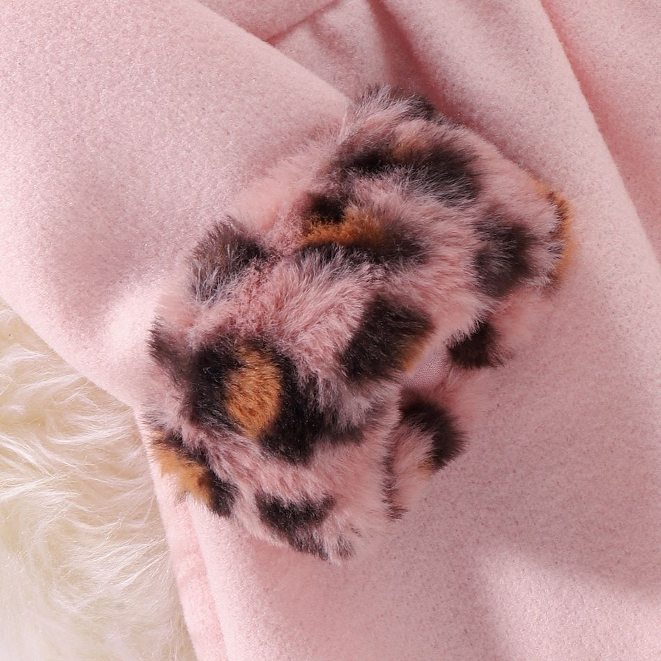 Baby Solid Pink Wool Blend Coat with Leopard Faux Fur Collar Light Pink big image 5