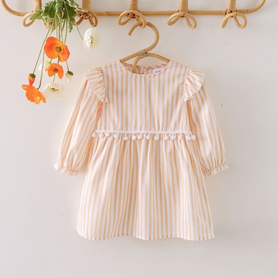 Solid/ Striped/ Butterfly Print Ruffle Pom Poms Long-sleeve Baby Dress Orange