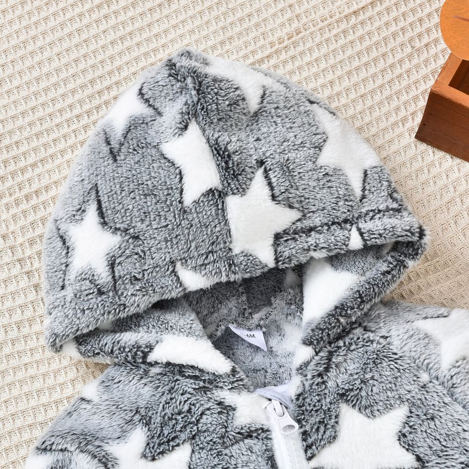 All Over Star Pattern Grey Baby Long-sleeve Hooded Fleece Jumpsuit Grey big image 3