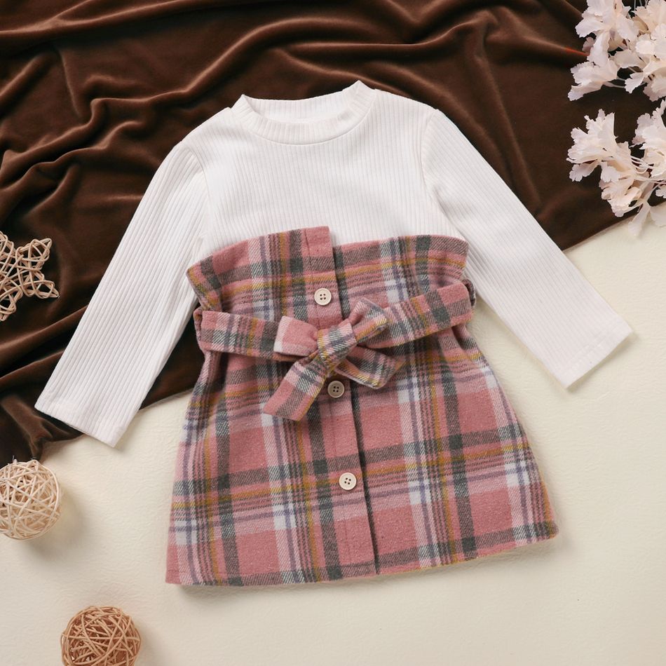 Ribbed Long-sleeve Splicing Pink Plaid Belted Baby Faux-two Dress Light Pink