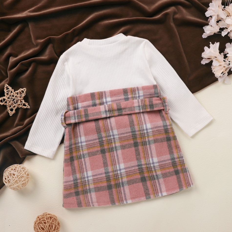 Ribbed Long-sleeve Splicing Pink Plaid Belted Baby Faux-two Dress Light Pink big image 3