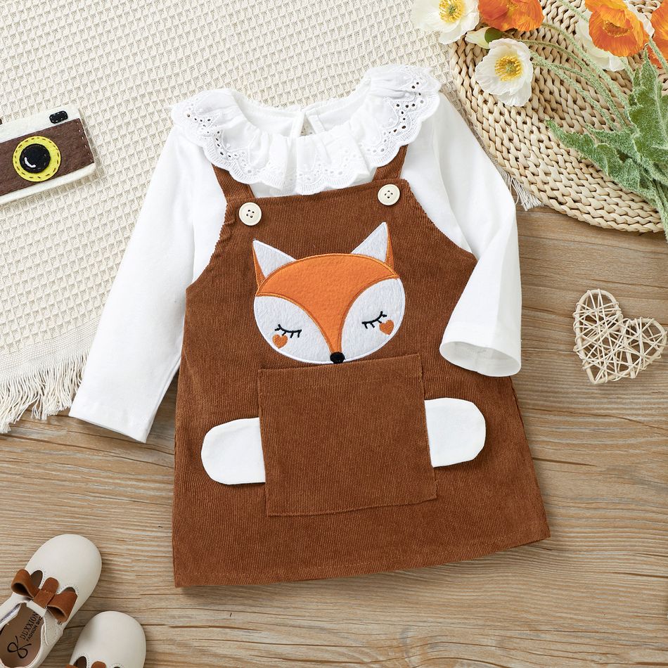 Ruffle Collar Long-sleeve Splicing Cartoon Fox Embroidered Corduroy Faux-two Dress Brown