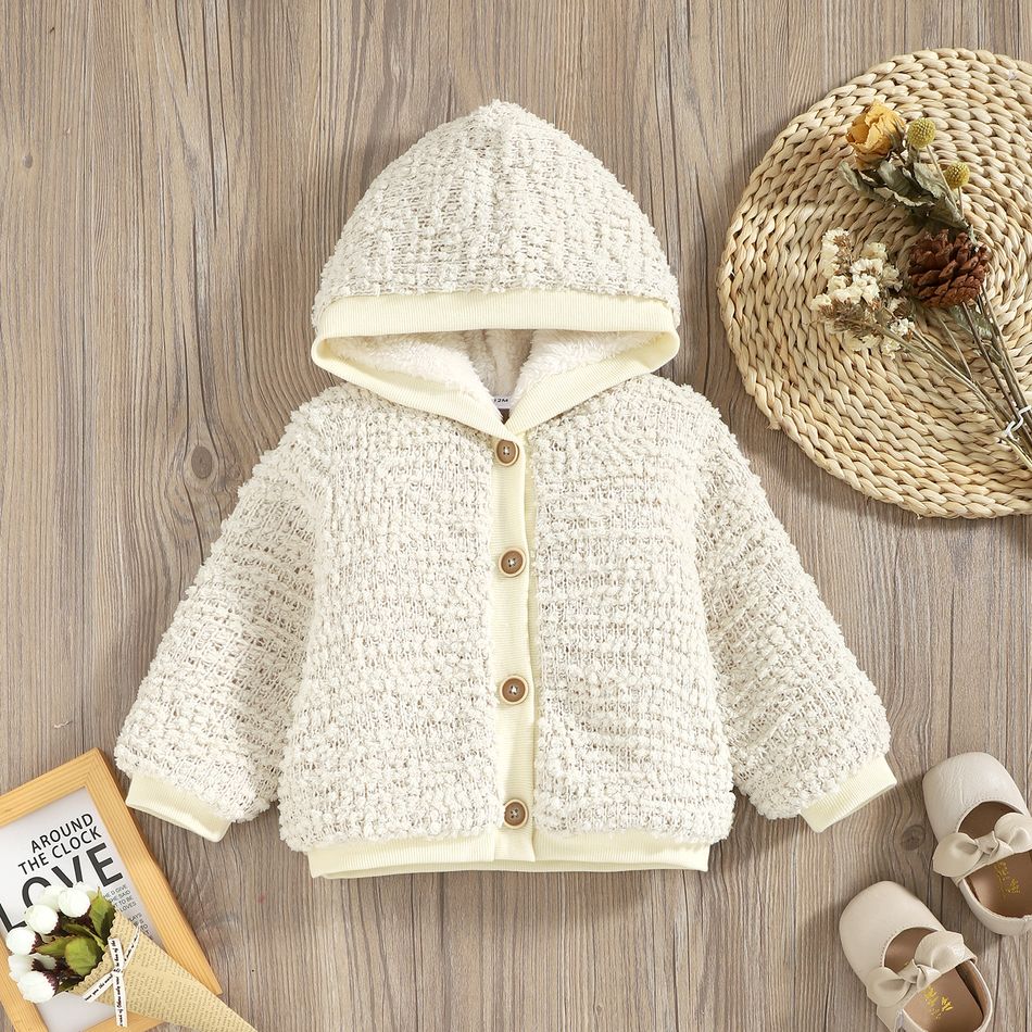 Baby Solid Thickened Fleece Lined Button Down Knitted Long-sleeve Hooded Coat Apricot