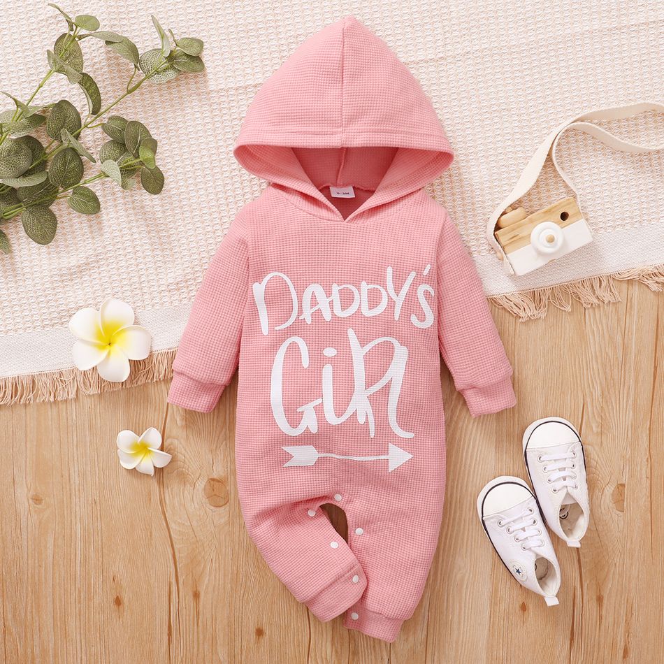 Baby Letter Print Solid Long-sleeve Hooded Waffle Jumpsuit Pink big image 1